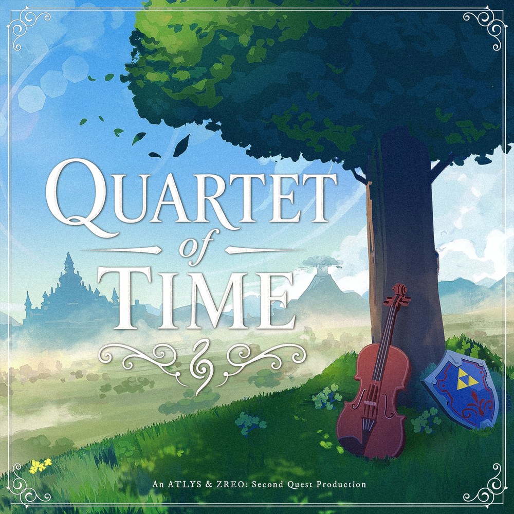 Quartet of Time album cover — a cello and Hylian shield resting against a tree overlooking Hyrule Field, with Hyrule Castle and Death Mountain in the distance